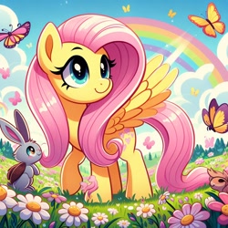 Size: 1024x1024 | Tagged: safe, ai content, derpibooru import, machine learning generated, fluttershy, butterfly, pegasus, rabbit, animal, female, flower, nature, outdoors, prompter:meshari7, rainbow, solo