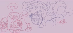 Size: 4096x1850 | Tagged: safe, artist:arxielle, derpibooru import, angel bunny, derpy hooves, fluttershy, bird, pegasus, pony, rabbit, squirrel, animal, apple, basket, bouquet, delivery, delivery pony, dialogue, female, flower, food, implied big macintosh, implied fluttermac, implied shipping, implied straight, letter, lying down, male, mare, mouth hold, prone, sketch, speech bubble, trio