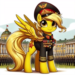 Size: 4096x4096 | Tagged: safe, ai content, derpibooru exclusive, derpibooru import, generator:bing image creator, machine learning generated, oc, human, pegasus, pony, g4, absurd resolution, clothes, golden eyes, medal, military, military uniform, palace, prompter:dhayi, soldier, soviet, uniform, unnamed oc, yellow mane