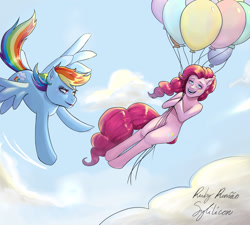 Size: 1444x1298 | Tagged: safe, artist:sleepypiggies, derpibooru import, pinkie pie, rainbow dash, earth pony, pegasus, pony, g4, balloon, cloud, female, floating, flying, sky, then watch her balloons lift her up to the sky