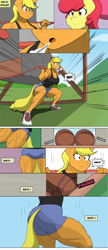 Size: 3732x8651 | Tagged: safe, artist:matchstickman, derpibooru import, apple bloom, applejack, anthro, earth pony, plantigrade anthro, g4, ..., apple sisters, applebucking thighs, applejacked, applerack, barrel, biceps, breasts, clothes, comic, deltoids, duo, female, gritted teeth, mare, matchstickman's apple brawn series, muscles, muscular female, shoes, siblings, sisters, squatting, sweat, sweet apple acres, teeth, thighs, thunder thighs, tumblr comic, tumblr:where the apple blossoms