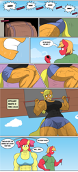 Size: 3732x8213 | Tagged: safe, artist:matchstickman, derpibooru import, apple bloom, applejack, big macintosh, anthro, earth pony, plantigrade anthro, g4, abs, apple bloom's bow, apple bloomed, apple brawn, apple siblings, apple sisters, applebucking thighs, applejacked, applerack, barrel, biceps, bow, breasts, brother and sister, clothes, comic, deltoids, dialogue, female, great macintosh, hair bow, male, mare, matchstickman's apple brawn series, muscles, muscular female, muscular male, nervous, nervous smile, pecs, shirt, siblings, sisters, smiling, speech bubble, squatting, stallion, stopwatch, sweat, thighs, thunder thighs, trio, tumblr comic, tumblr:where the apple blossoms