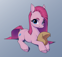 Size: 3100x2860 | Tagged: safe, artist:aquaticvibes, derpibooru import, madame leflour, pinkie pie, earth pony, pony, g4, female, flour sack, frown, gradient background, looking at you, lying down, mare, pinkamena diane pie, prone, solo