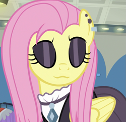 Size: 745x720 | Tagged: safe, derpibooru import, edit, edited screencap, editor:twilyisbestpone, screencap, fluttershy, pegasus, pony, fake it 'til you make it, g4, season 8, spoiler:s08, :3, cropped, ear piercing, earring, eyes closed, eyeshadow, female, fluttergoth, inverted mouth, jewelry, makeup, mare, piercing, smiling