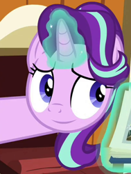 Size: 406x538 | Tagged: safe, derpibooru import, edit, edited screencap, editor:twilyisbestpone, screencap, starlight glimmer, pony, unicorn, g4, harvesting memories, spoiler:harvesting memories, spoiler:mlp friendship is forever, chicken coop, cropped, cute, female, glimmerbetes, inverted mouth, magic, magic aura, mare, smiling, solo, sweet apple acres, telekinesis