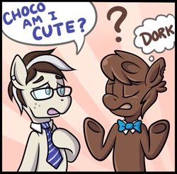 Size: 1165x1147 | Tagged: safe, artist:transformartive, derpibooru import, oc, oc:choco, oc:simul, bowtie, glasses, necktie, speech bubble