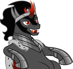 Size: 8282x7839 | Tagged: safe, artist:starryshineviolet, derpibooru import, king sombra, pony, unicorn, g4, the beginning of the end, armor, cape, clothes, colored horn, crown, curved horn, disembodied horn, horn, jewelry, lounging, male, open mouth, red eyes, regalia, sharp teeth, simple background, sitting, solo, sombra horn, sombra's cape, sombra's horn, sombra's robe, stallion, teeth, transparent background