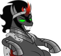 Size: 8188x7573 | Tagged: safe, artist:starryshineviolet, derpibooru import, king sombra, pony, unicorn, g4, the beginning of the end, armor, cape, clothes, colored horn, crown, curved horn, disembodied horn, evil grin, glowing, glowing eyes, glowing eyes of doom, green eyes, grin, horn, jewelry, lounging, male, regalia, sharp teeth, simple background, sitting, smiling, solo, sombra eyes, sombra horn, sombra's cape, sombra's horn, sombra's robe, stallion, teeth, transparent background