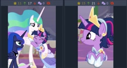 Size: 1207x643 | Tagged: safe, derpibooru import, princess celestia, princess luna, twilight sparkle, twilight sparkle (alicorn), alicorn, pony, g4, the last problem, clothes, coronation dress, crown, derpibooru, dress, hoof shoes, hug, jewelry, juxtaposition, meta, palindrome get, regalia, royalty, smiling