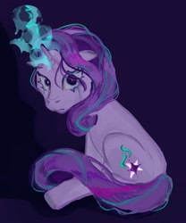 Size: 1063x1278 | Tagged: source needed, safe, artist:taesherat, derpibooru import, starlight glimmer, g4, black background, black eye, corrupted, corrupted starlight glimmer, ears back, looking at you, magic, magic aura, simple background, sombra eyes, spell