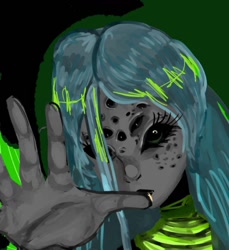 Size: 1172x1280 | Tagged: source needed, safe, artist:taesherat, derpibooru import, queen chrysalis, changeling, human, g4, hand, humanized, looking at you, multiple eyes, trypophobia