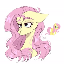 Size: 2048x2048 | Tagged: safe, artist:cursed soul, derpibooru import, fluttershy, pegasus, pony, g4, bust, ears, female, floppy ears, high res, mare, portrait, simple background, sketch, solo, three quarter view, white background