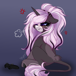 Size: 2000x2000 | Tagged: safe, artist:skyboundsiren, derpibooru import, oc, oc only, oc:digit morose, classical unicorn, unicorn, angry, cloven hooves, controller, dualshock controller, female, glare, goth, gradient background, horn, leonine tail, pastel goth, piercing, pigtails, sitting, snorting, spiked headband, unshorn fetlocks