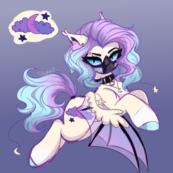 Size: 2000x2000 | Tagged: safe, artist:skyboundsiren, derpibooru import, oc, oc only, oc:dreamy nightfall, bat pony, collar, colored wings, ear fluff, ear piercing, ears, eyeliner, facial markings, female, gradient background, gradient mane, gradient wings, hair accessory, jewelry, makeup, mask, necklace, pastel goth, piercing, shaved mane, short mane, signature, sketch, wings