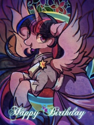 Size: 1620x2160 | Tagged: safe, artist:tkotu1, derpibooru import, twilight sparkle, twilight sparkle (alicorn), alicorn, pony, g4, the last problem, abstract background, clothes, coronation dress, dress, female, happy birthday, looking at you, mare, open mouth, open smile, rearing, second coronation dress, smiling, smiling at you, solo