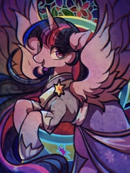 Size: 1620x2160 | Tagged: safe, alternate version, artist:tkotu1, derpibooru import, twilight sparkle, twilight sparkle (alicorn), alicorn, pony, g4, the last problem, abstract background, clothes, coronation dress, dress, female, looking at you, mare, open mouth, open smile, rearing, second coronation dress, smiling, smiling at you, solo, textless, textless version