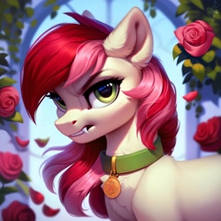 Size: 4096x4096 | Tagged: safe, ai content, derpibooru import, generator:purplesmart.ai, generator:stable diffusion, machine learning generated, roseluck, pony, g4, angry, bust, collar, fangs, flower, fluffy, pet tag, pony pet, portrait, prompter:doom9454, rose, rosepet, solo