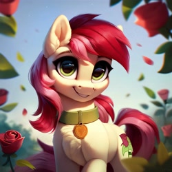 Size: 4096x4096 | Tagged: safe, ai content, derpibooru import, generator:purplesmart.ai, generator:stable diffusion, machine learning generated, roseluck, pony, g4, collar, cute, flower, fluffy, pet tag, pony pet, prompter:doom9454, rose, rosepet, standing