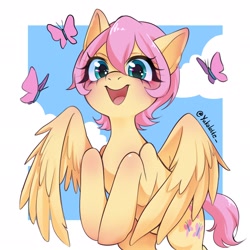 Size: 2048x2048 | Tagged: safe, artist:yukolatte_, derpibooru import, fluttershy, butterfly, pegasus, pony, g4, alternate hairstyle, blushing, cute, daaaaaaaaaaaw, ear blush, female, high res, looking at you, mare, open mouth, open smile, partially open wings, passepartout, rearing, short mane, shyabetes, signature, sky background, smiling, smiling at you, solo, three quarter view, wings