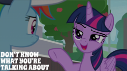 Size: 2000x1125 | Tagged: safe, derpibooru import, edit, edited screencap, editor:quoterific, screencap, rainbow dash, twilight sparkle, twilight sparkle (alicorn), alicorn, 2 4 6 greaaat, g4, apple, apple tree, cheeky, implied betrayal, implied manipulation, liar, smuglight sparkle, tempting fate, tree, twibitch sparkle