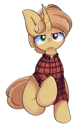 Size: 1747x2600 | Tagged: safe, artist:miryelis, derpibooru import, oc, oc only, oc:brave boi, pony, unicorn, 2024 community collab, clothes, derpibooru community collaboration, heterochromia, looking at you, raised hoof, raised leg, simple background, sitting, smiling, solo, transparent background