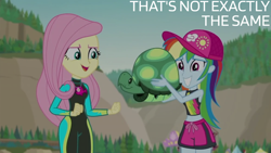 Size: 2000x1125 | Tagged: safe, derpibooru import, edit, edited screencap, editor:quoterific, screencap, fluttershy, rainbow dash, tank, aww... baby turtles, better together, equestria girls, g4