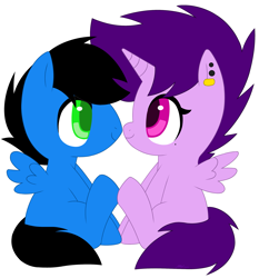 Size: 2333x2500 | Tagged: safe, artist:melodytheartpony, derpibooru import, oc, oc only, oc:griff, oc:violet scratch, alicorn, pegasus, 2014, base used, couple, female, happy, horn, looking at each other, looking at someone, loving, male, old art, piercing, re-lined, shipping, short mane, short tail, signature, simple background, smiling, spread wings, tail, unknown base, white background, wings