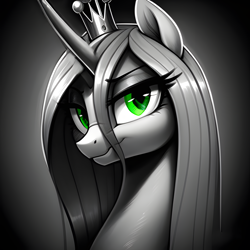 Size: 2048x2048 | Tagged: safe, ai content, derpibooru import, generator:easyfluff v11.2, generator:stable diffusion, machine learning generated, queen chrysalis, alicorn, pony, g4, bust, female, high res, looking at you, mare, partial color, portrait, prompter:felixx, simple background, solo