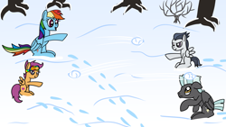 Size: 1920x1080 | Tagged: safe, artist:platinumdrop, derpibooru import, rainbow dash, rumble, scootaloo, thunderlane, g4, commission, ski goggles, snow, snowball, snowball fight, winter