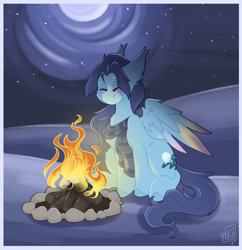 Size: 1768x1829 | Tagged: safe, artist:ezzerie, derpibooru import, oc, oc only, oc:still waters, pegasus, pony, campfire, clothes, commission, male, moon, night, scarf, secret santa, snow, solo, stallion, stars, striped scarf