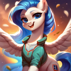 Size: 1024x1024 | Tagged: safe, ai content, derpibooru import, generator:purplesmart.ai, generator:stable diffusion, machine learning generated, oc, oc:white lily, pegasus, pony, abstract background, clothes, cute, ear fluff, ears, half body, happy, pegasus oc, prompt in description, spread wings, wings