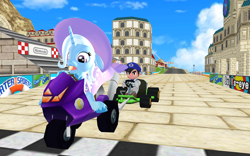 Size: 1920x1200 | Tagged: safe, artist:puzzlshield2, derpibooru import, trixie, pony, g4, 3d, cape, clothes, crossover, hat, mario kart, meme, mmd, racing, sitting, smg4, super mario bros., trixie's cape, trixie's hat