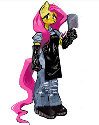 Size: 750x945 | Tagged: safe, artist:swedo, derpibooru import, fluttershy, anthro, g4, apron, blood, boots, clothes, gloves, looking at you, meat cleaver, open mouth, shoes, simple background, smiling, solo, standing, white background