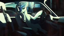 Size: 4881x2759 | Tagged: safe, artist:teturirusu, derpibooru import, oc, oc:shifting gear, unicorn, ak, ak-74, assault rifle, belly, blue hair, bmw, car, car interior, chest fluff, commission, concave belly, ear fluff, ears, green eyes, gun, leg fluff, light skin, looking at you, male, rifle, slender, solo, street, thin, unshorn fetlocks, weapon, ych result