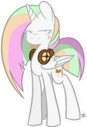 Size: 582x848 | Tagged: safe, derpibooru import, oc, oc only, oc:cocoa beatz, alicorn, pony, :|, alicorn oc, commission, female, folded wings, freckles, headphones, horn, lidded eyes, mare, solo, standing, wings