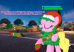 Size: 8910x6300 | Tagged: safe, derpibooru import, oc, oc only, oc:dariusii, oc:dia, pegasus, christmas, family guy death pose, fortnite, hat, health bars, holiday, santa hat, text