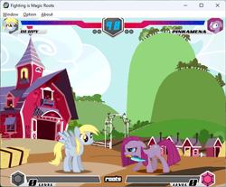 Size: 642x532 | Tagged: safe, artist:fimroots, derpibooru import, derpy hooves, pinkie pie, earth pony, pegasus, fighting is magic, g4, game screencap, knife, pinkamena diane pie, squint, sweet apple acres