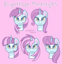 Size: 3000x3100 | Tagged: safe, artist:leopardsnaps, derpibooru import, oc, oc only, oc:bright hope, pony, unicorn, alternate hairstyle, head only, looking at you, multicolored hair, pink background, simple background, solo