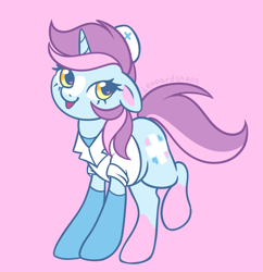 Size: 3000x3100 | Tagged: safe, artist:leopardsnaps, derpibooru import, oc, oc only, oc:bright hope, pony, unicorn, :d, blaze (coat marking), clothes, coat, coat markings, facial markings, hat, lab coat, multicolored hair, nurse, nurse hat, nurse outfit, open mouth, open smile, pink background, raised hoof, raised leg, simple background, smiling, socks, socks (coat marking), solo