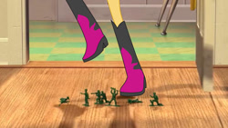 Size: 827x468 | Tagged: safe, artist:josephpatrickbrennan, derpibooru import, edit, edited screencap, screencap, sunset shimmer, equestria girls, boots, boots shot, high heel boots, legs, pictures of legs, shoes, solo, toy soldier, toy story