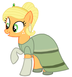 Size: 1280x1381 | Tagged: safe, artist:mlp-headstrong, derpibooru import, applejack, earth pony, pony, alternate hairstyle, applejack also dresses in style, clothes, crown, dress, ear piercing, earring, evening gloves, female, freckles, gloves, grin, jewelry, long gloves, mare, piercing, raised hoof, raised leg, regalia, simple background, smiling, solo, the princess and the frog, tiana, transparent background