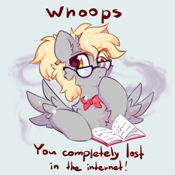 Size: 2300x2300 | Tagged: safe, artist:mirtash, derpibooru import, derpy hooves, pegasus, pony, g4, 404, book, bowtie, bowties are cool, cheek fluff, chest fluff, cute, derpabetes, dialogue, ear fluff, ears, error, female, fluffy, frown, glasses, gray background, high res, i just don't know what went wrong, looking at you, mare, nerd pony, question mark, raised eyebrow, simple background, solo, sparkles, spread wings, text, thinking, website load error, wings