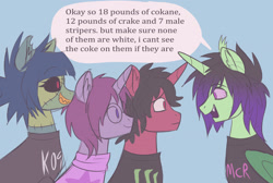 Size: 3050x2050 | Tagged: safe, artist:mxmx fw, derpibooru import, oc, oc:midnight ray, bat pony, earth pony, hybrid, pony, undead, unicorn, zombie, zombie pony, alternate hair color, alternate hairstyle, bat pony unicorn, bat wings, clothes, cousins, dialogue, drugs, ear fluff, ears, emo, fangs, female, glasses, goth, high, horn, implied drug use, male, mare, master chief and luna hanging out, meme, nonbinary, red eyes, shirt, stallion, stoned, unnamed oc, wings
