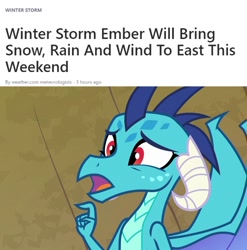 Size: 1083x1097 | Tagged: safe, derpibooru import, edit, screencap, princess ember, dragon, g4, triple threat, confused, dragoness, female, solo, text, the weather channel, winter storm ember