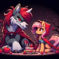 Size: 1024x1024 | Tagged: safe, ai content, derpibooru import, generator:dall-e 3, machine learning generated, pony, wolf, apple, cake, duo, food, little red riding hood, ponified, red eyes, species swap, unicorn wolf