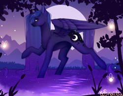 Size: 1095x854 | Tagged: safe, artist:snailswails, derpibooru import, princess luna, alicorn, firefly (insect), insect, pony, g4, female, full moon, mare, moon, night, profile, raised hoof, raised leg, signature, solo, tree, wet, wet mane