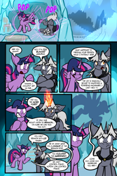 Size: 1567x2351 | Tagged: safe, artist:virmir, derpibooru import, twilight sparkle, twilight sparkle (alicorn), oc, oc:snowmare doom, oc:virmare, alicorn, unicorn, comic:so you've become a pony villain, g4, castle, comic, dialogue, ears, fire, floppy ears, frozen, glowing, glowing horn, gritted teeth, horn, ice, onomatopoeia, shadow, shivering, shrunken pupils, sound effects, sparkles, speech bubble, sweat, sweatdrop, taunting, teeth, teleportation