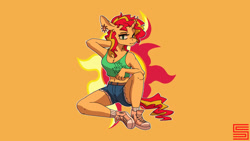 Size: 1920x1080 | Tagged: safe, artist:fizzlesoda2000, derpibooru import, sunset shimmer, anthro, unicorn, g4, clothes, denim, denim shorts, desktop background, ear piercing, earring, jewelry, looking at you, midriff, orange background, piercing, shorts, simple background, smiling, solo, tanktop, wallpaper