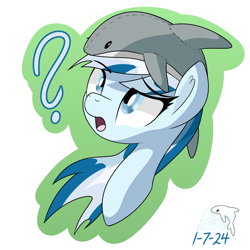 Size: 1950x1950 | Tagged: safe, artist:notadeliciouspotato, derpibooru import, oc, oc only, oc:serene dive, earth pony, pony, bust, confused, female, looking up, mare, plushie, pony town, question mark, shark plushie, signature, solo