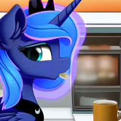 Size: 512x512 | Tagged: safe, ai content, derpibooru import, generator:pony diffusion v5, generator:stable diffusion, machine learning generated, princess luna, alicorn, g4, coffee, cookie, food, looking back, solo